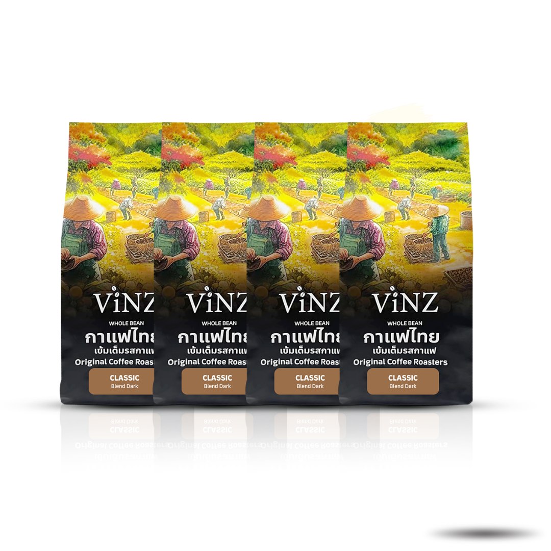 กาแฟคั่วบด ViNZ ดอยช้าง คลาสสิค อาราบิก้า เบลน โรบัสต้า,พีเบอร์รี่ คั่วเข้ม 4 ถุง (ถุงละ 250 กรัม)