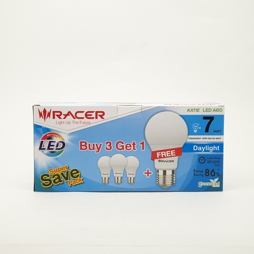 RACER หลอดไฟ LED BULB E27 7W รุ่น A60 แสงเดย์ไลท์ (แพ็ค3 ฟรี1)