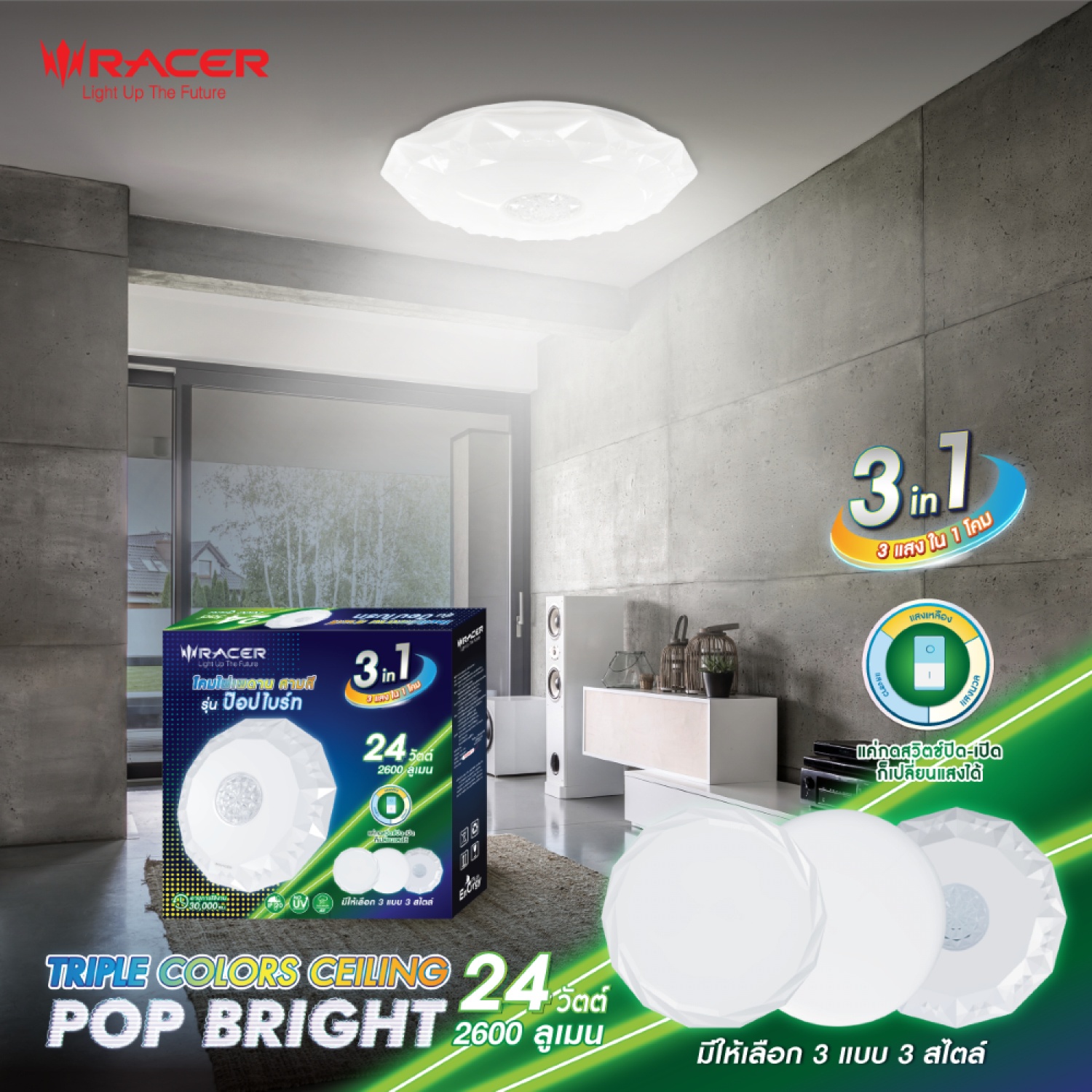 RACER โคมไฟ แอลอีดี สามสี รุ่น ป๊อปไบรท์ 24 วัตต์ PBT03